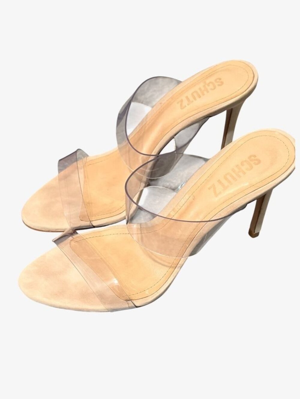 Schutz Ariella PVC Suede Stiletto Sandals 6.5 Clear Nude Oyster 7 Party Worn 1x - Picture 9 of 10